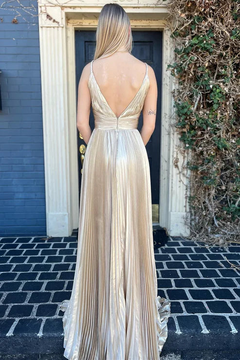Luolandi Champagne V Neck Spaghetti Straps A-Line Formal Party Dress Charming Evening Dress